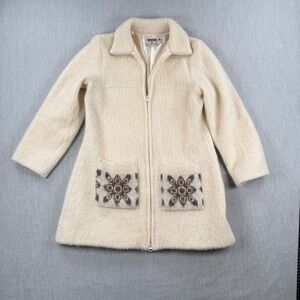 Tundra Fleece Toison Vintage Wool Zip Up Cardigan Jacket Cream Snowflake Large
